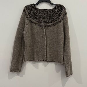 J. Jill Embellished Neckline Chunky Knit Cardigan Sweater,Wool blend, Taupe, XL